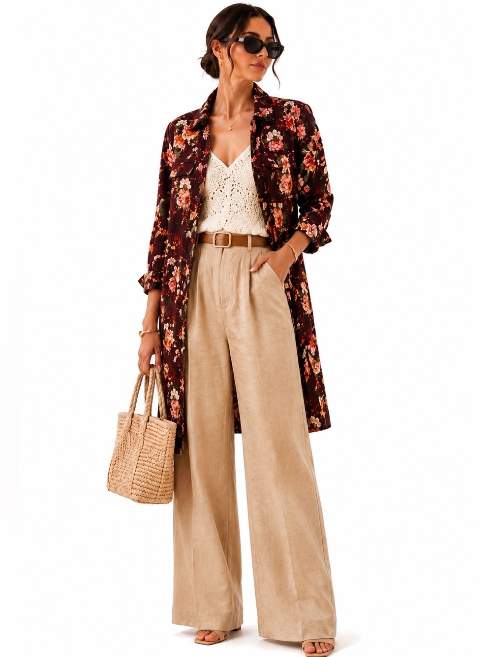 Aratta Burgundy Floral Embroidered Shacket Coat Large NWT